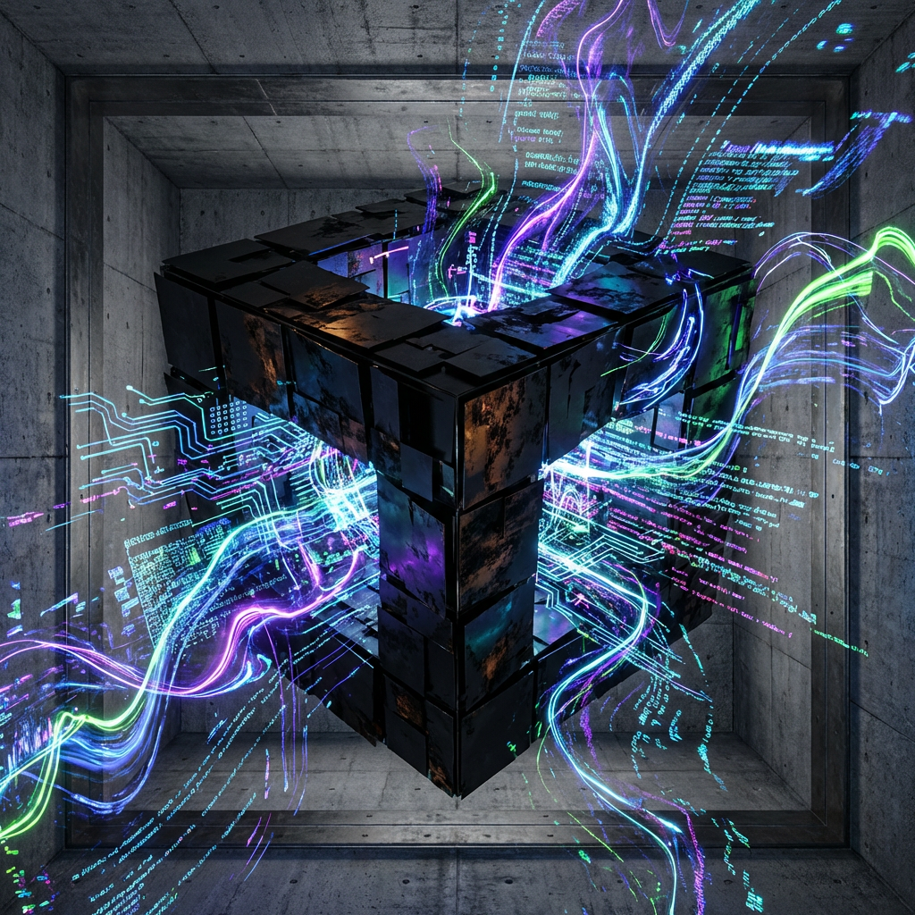 Dark geometric cube emitting neon digital data streams within a concrete chamber.