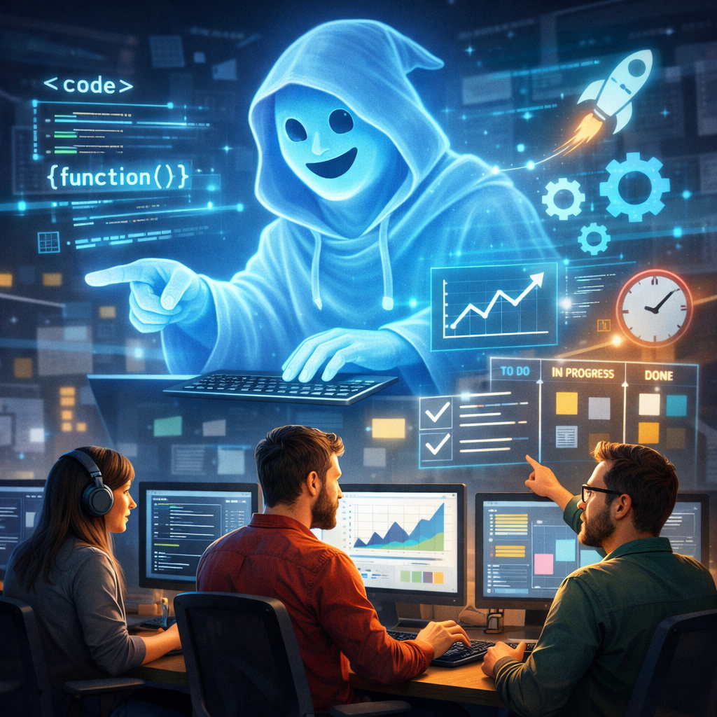 Three developers working at computers with holographic AI coding interface and project management visuals