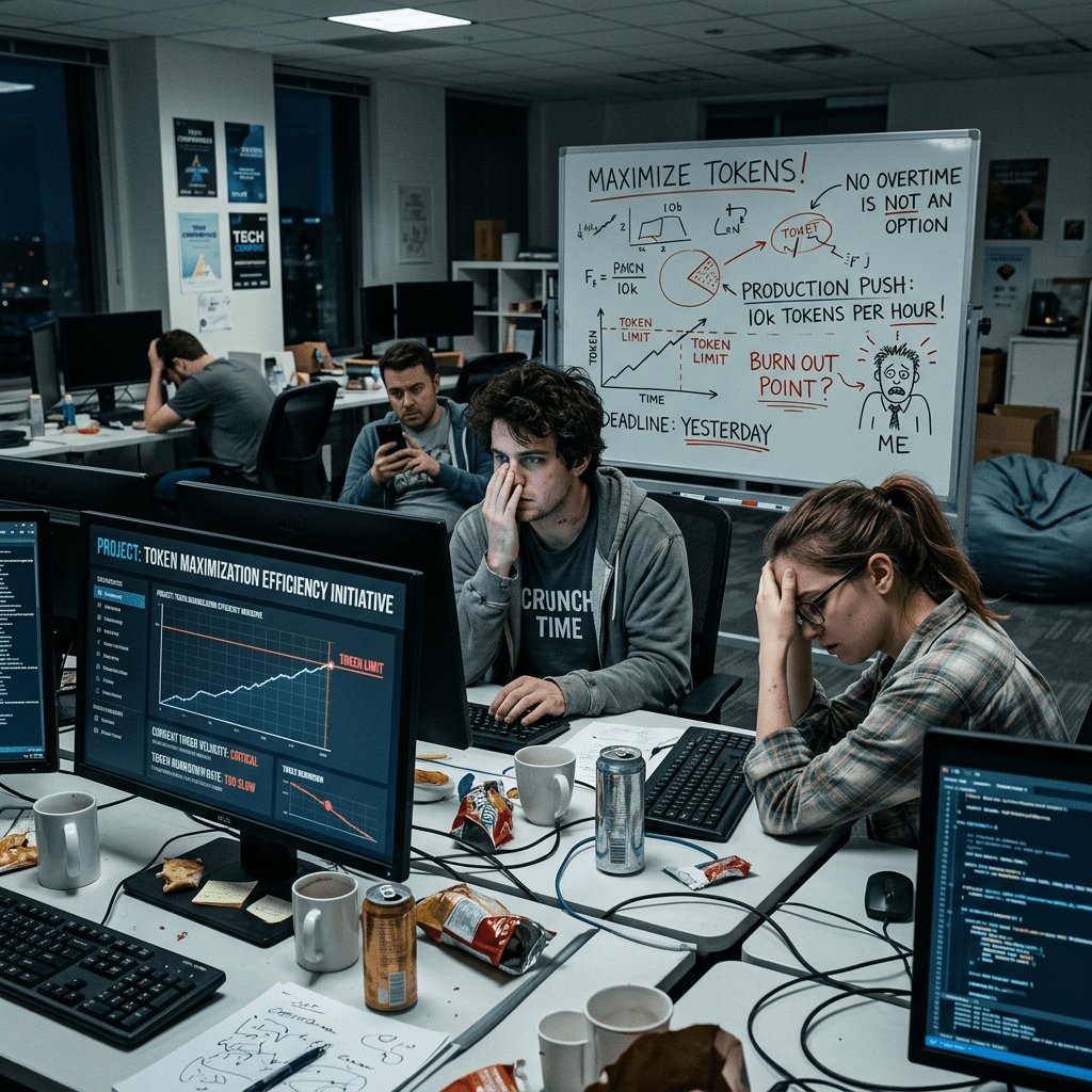 Developers working late in office stressed about token maximization project
